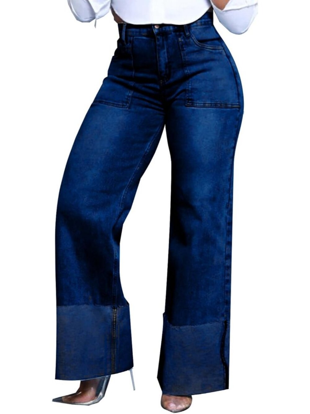 Women Dark Blue Denim High Waists Y2k Wide Leg Button Running Straight Jeans
